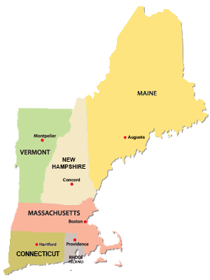 Click the map to sort chorus list from that point New England map